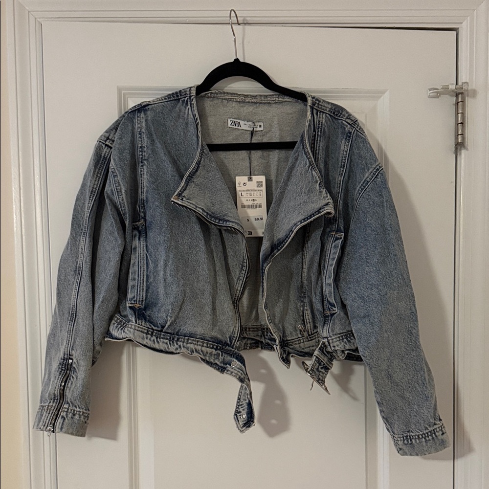 NWT Zara dropped denim moto jacket sz L Large